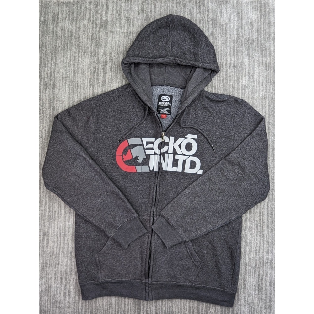 VTG Ecko Unltd Mens Hoodie Sweatshirt Medium Gray Logo Full Zip Pockets Y2K